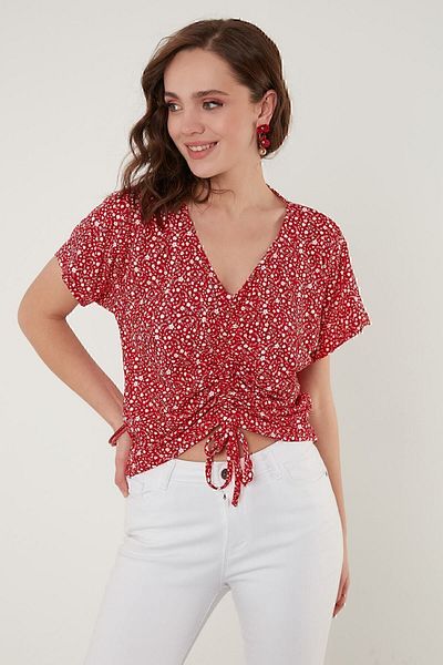 Lela Floral Patterned Gathered Front V-Neck Crop Blouse Blouse 5864486y4