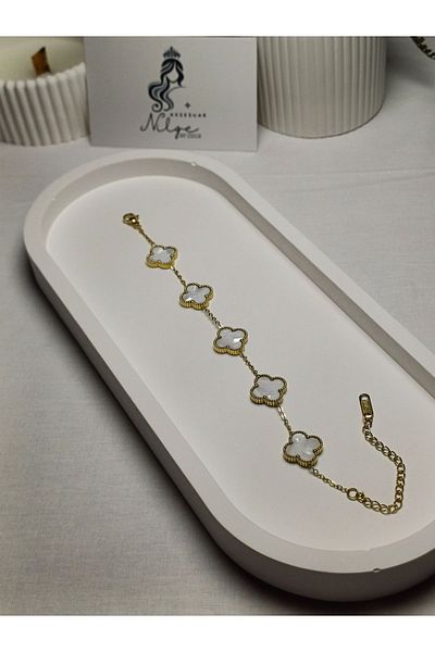 NİLGE AKSESUAR White Pearl - 316l Gold Steel Bracelet, Five Clover Design