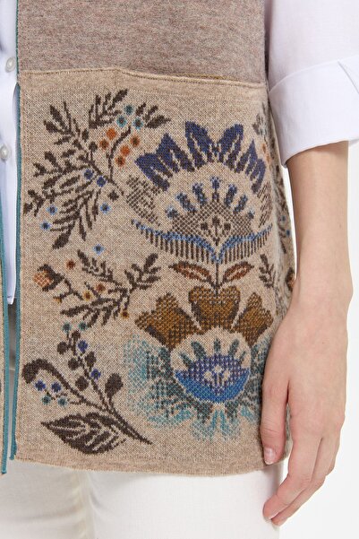 Desen Triko Women's Knitwear Open Front Araboy Wool Vest K.Beige