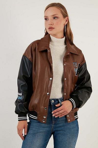 Lela Oversize Pocketed Bomber Faux Leather Coat Leather Coat 6230104