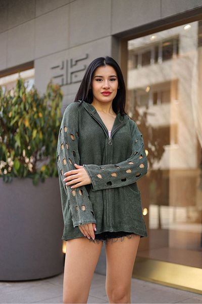 AYASOFYA OTANTIK Women's Khaki Knitwear Jacket - Hooded, Zippered and Pocketed, Loose Cotton, Split Detailed Long Cardigan