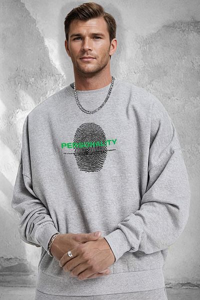 Millionaire Ανδρικό φούτερ από φλις γκρι Oversize - Προσωπικότητα στάμπα, 0 λαιμόκοψη, χαλαρή φαρδιά εφαρμογή