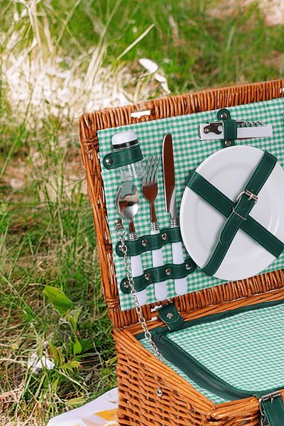 Perotti Picno Italy 2-Person Green Lined Wicker Cooler - Portable Picnic Basket and Accessory Basket