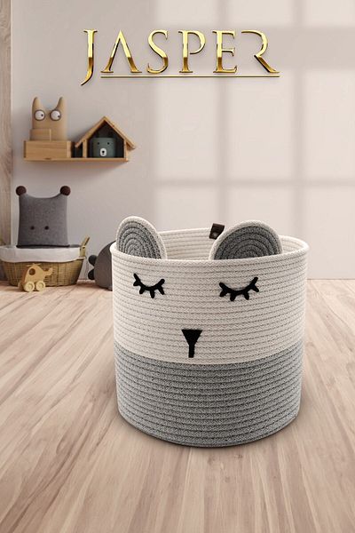 JASPER Gray Panda Designed Children's Room Organizer - Rope Jute and Dirty Basket, Multi-Purpose, 26X2