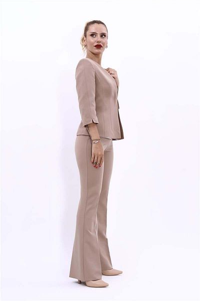 ÖNDER ÖZSOY V-Neck Short Jacket and Spanish Leg Trousers - Stone Color Set