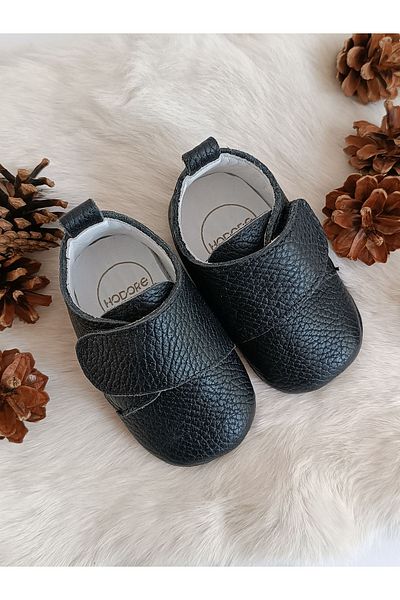 Hodore Black Genuine Leather Velcro Baby Shoes