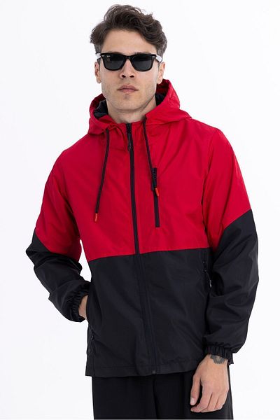 Goccix Men's Red-Black Two Color Lined Hooded Pocket Raincoat-Windbreaker