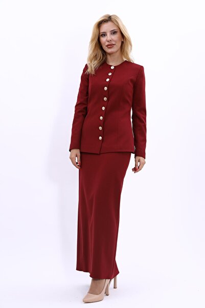 ÖNDER ÖZSOY Boydan Düğmeli Kemerli Ceket  & Uzun Kalem Etek Takım-Bordo
