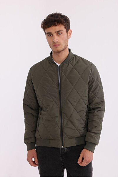 D1fference Men's Khaki College Collar Water and Windproof Quilted Patterned Fiber Padded Coat
