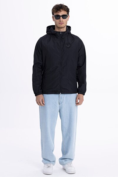 D1fference Men's Black Lined Windproof Hooded Pocket Raincoat - Windbreaker Jacket