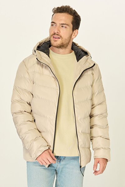 D1fference Ανδρικό πουπουλένιο παλτό μπεζ με κουκούλα - αντιανεμικό χειμώνα