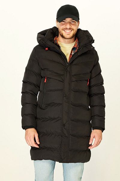 D1fference Schwarzer Puffer-Parka für Herren – mit Kapuze, winddicht, mit Fasern gefüllt, langer Wintermantel