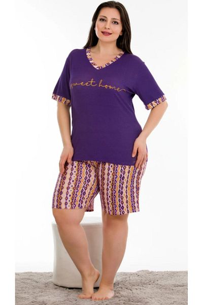 Cooqpoo طقم شورت بأكمام قصيرة مقاس 2XL-3XL-4XL مع تفاصيل طباعة أرجوانية