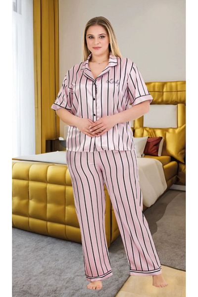 Cooqpoo Size 2Xl-3Xl-4Xl Pajamas Set with Black Stripes on Powder Pink