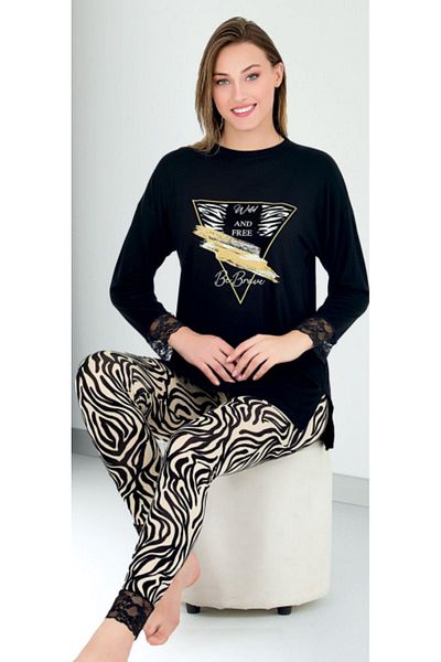 Cooqpoo Set de pijamale din bumbac pieptănat M-l-xl cu mâneci negre și colanți cu model din dantelă