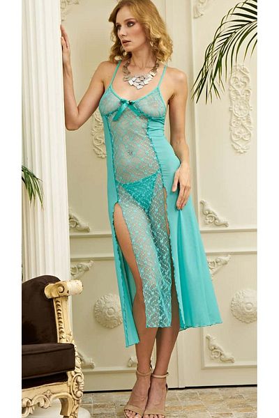 Cooqpoo Lace Detailed - Blue Slit Long Nightgown for Women, Thin Straps - Size S/M-L/Xl