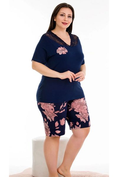 Cooqpoo Σετ κοντομάνικο σορτς 2xl-3xl-4xl Navy Blue Pink Floral μοτίβο