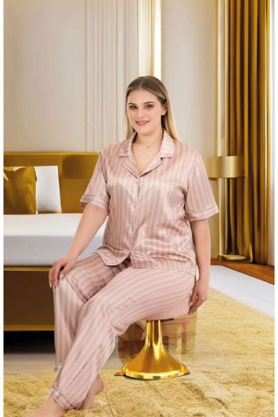 Cooqpoo Milk Coffee Striped 2Xl-3Xl-4Xl Size Pajamas Set