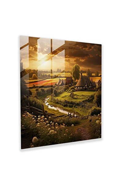 PaintedAnarchy Golden Rural Village Glass Painting - Village, Verdant Country...