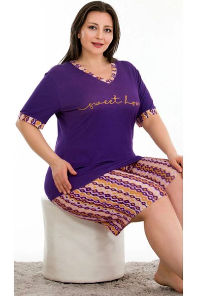 Cooqpoo طقم شورت بأكمام قصيرة مقاس 2XL-3XL-4XL مع تفاصيل طباعة أرجوانية