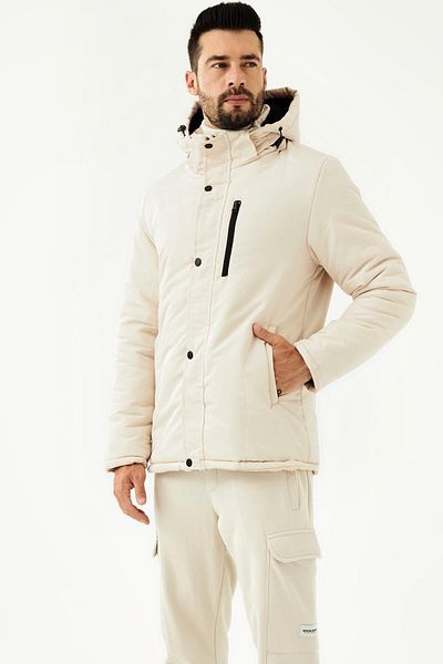 RİVERCLUP Men's Beige Detachable Hooded Water and Windproof Winter Coat & Coat & Parka