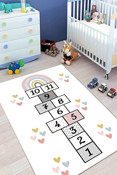Halımax Cino 88 Krem Seksek Renkli Kalpli Çocuk Odası Oyun Halısı
