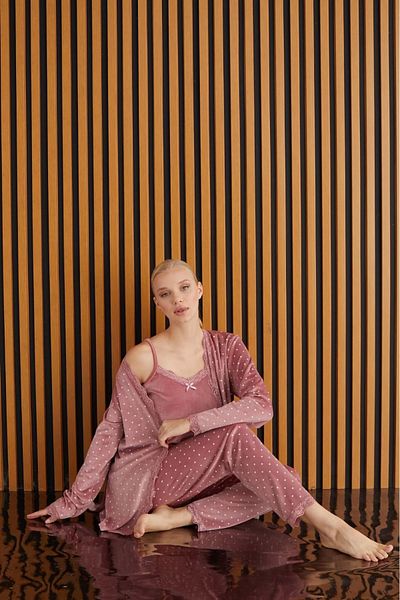 Pijamoni Francais Velvet 3-Piece Pajama Set - Pijamoni Patterned, Rose Board - 5547