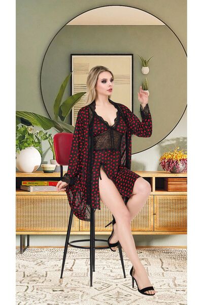 Cooqpoo Set cămașă de noapte și halat confortabil cu imprimeu din dantelă pentru femei - bretele subțiri, cu fantă, mărimi S/M-L/XL