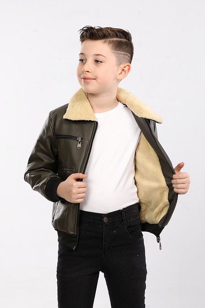 Go Veform Boy's Khaki Faux Leather Sports Coat - with Fur Inside and Collar Avm130