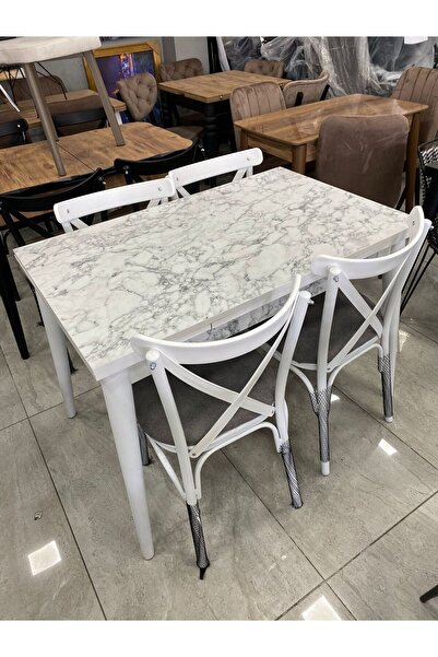 OnurEvimde Mutfak Masa Takımı Büyüyen Masa 4 Adet Sandalye BeyazMermer Renk
