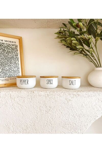 MİEN Bambu Kapaklı Beyaz Cam Salt & Papper & Spice Kavanoz Seti
