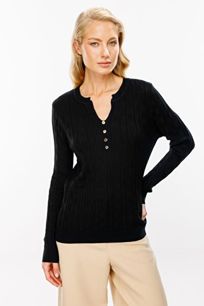 ON Kendinden Desenli Yakası Düğmeli Kazak