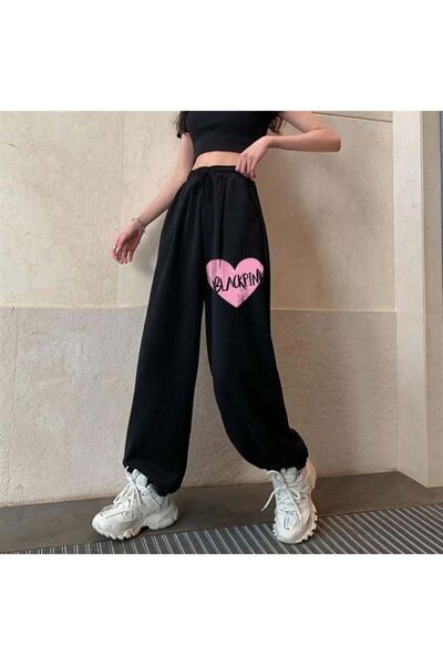 Toum Pantaloni de trening negri oversize unisex cu imprimeu Blackpink Heart E...
