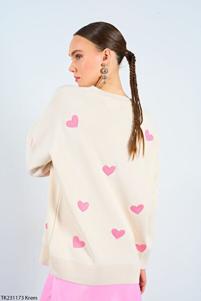 Laluvia Heart Embroidered Cream Pink Sweater