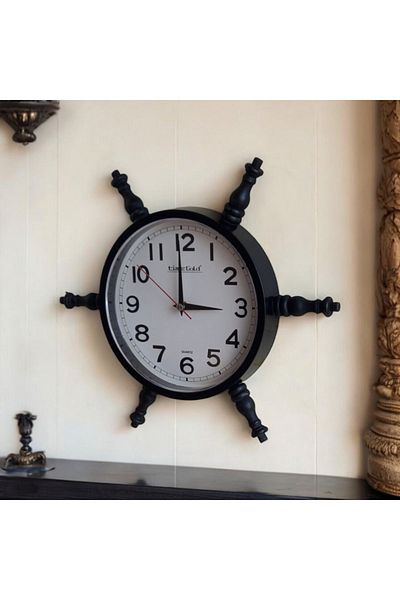 Bahat Black Wooden Sailor Helm Wall Living Room Office Clock Diameter 37 cm
