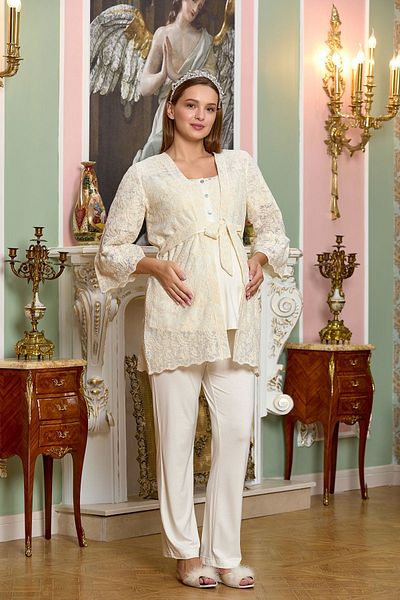 Cossy By Aqua 25130 Set pijamale de maternitate din viscoză din 3 piese pentru femei cu halat din dantelă crem