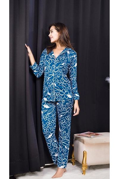 Cooqpoo Set de pijamale pentru femei, cu mânecă lungă, cu nasturi subțiri, cu model în dungi albastre, mărimea S/m-l/xl
