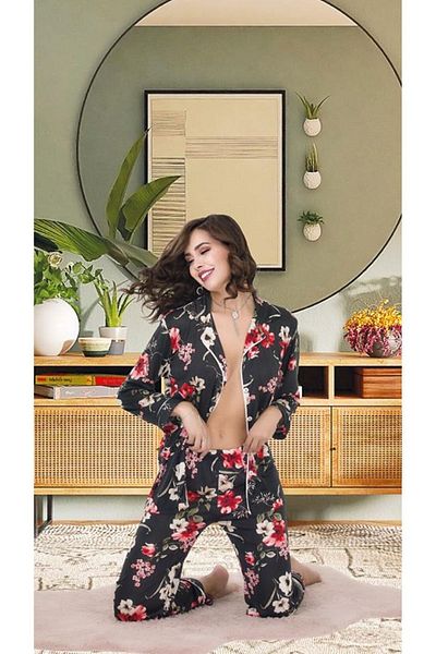 Cooqpoo Set de pijamale cu mânecă lungă, cu nasturi subțiri, cu flori, mărimea S/m-l/xl