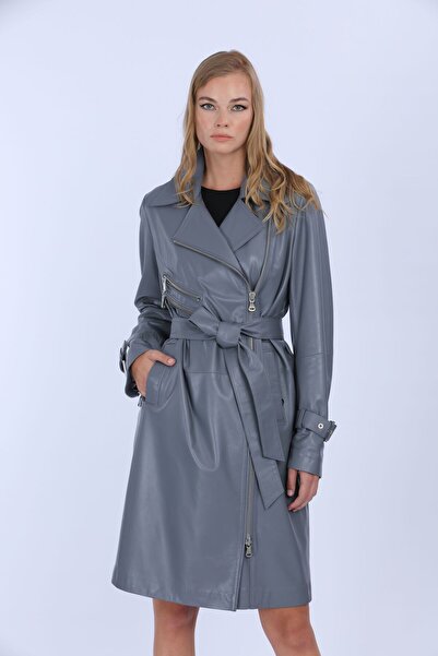 VELLUTON KADIN GRİ HAKİKİ DERİ TRENÇKOT