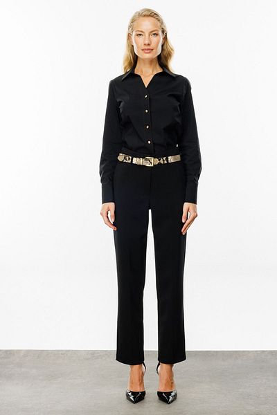 Ekol Black Snake Leather Belted Pipe Leg Women's Trousers - 4025