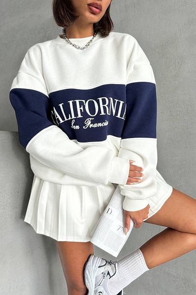 Neşeli Butik Navy Blue California Sweatshirt - Crew Neck, Women, Nbg038