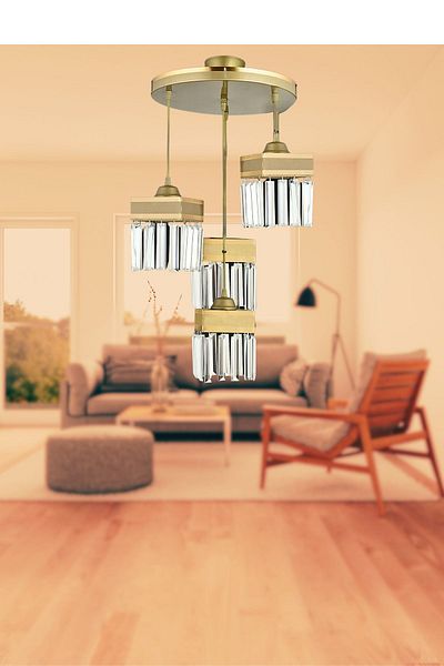 SONSUZ AYDINLATMA&AVİZE Infinite 4-Piece Antique Pendant Lamp with Crystal Stones and Yellow Stripe Square Downward Facing Luxury Chandelier
