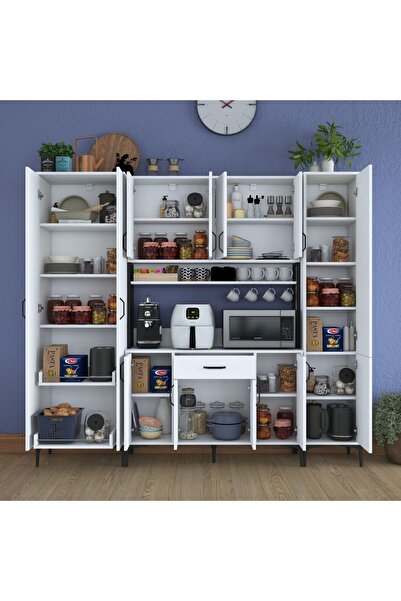 Rani Mobilya Rani JE132 Çok Amaçlı Dolap 12 Kapaklı 1 Çekmeceli Kiler Mutfak Dolabı Beyaz