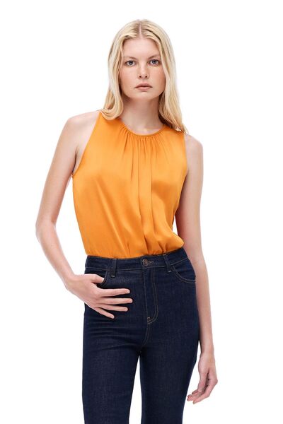 Perspective Safira Orange Crew Neck Women's Zero Sleeve Blouse - Regular Fit