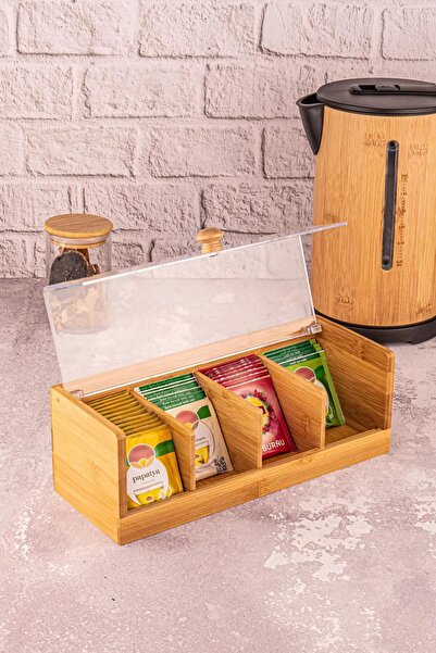 Atbyhome صندوق شاي من الخيزران مكون من 4 أقسام مع غطاء حاوية تخزين شاي الأعشاب