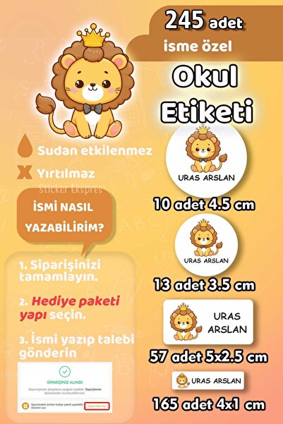 Sticker Ekspres Okul Etiketi Sevimli Aslan Kalem Defter Etiketi 245 Adet İsim...