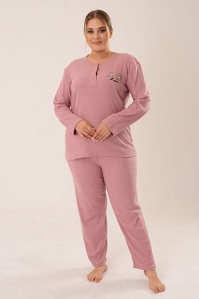 PİNKMARK Pınkmark Women's Powder Embroidery Detailed Cotton Plus Size Pajamas Set Pmtk25425