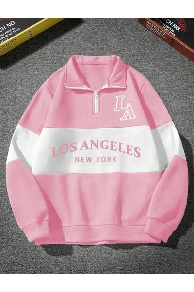 MARECASH Pembe Los Angeles Baskılı Oversize Parçalı Polo Yaka Fermuarlı Sweat...