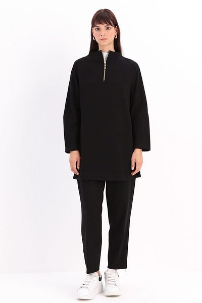ALLDAY Black Zippered Stand Collar Robe Tunic