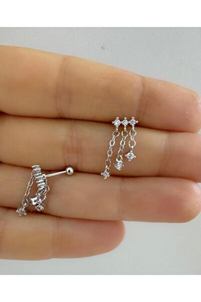 Arescollection Zirkon Taşlı Zincirli 1 Adet Helix Kıkırdak Kulak Memesi Uyumlu Piercing Küpe